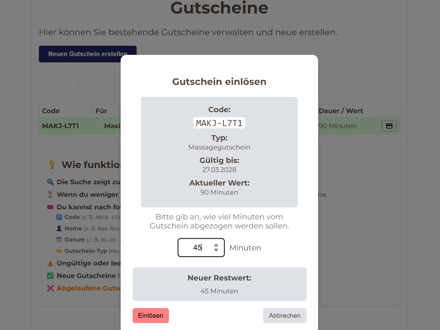 Verwaltung von Gutscheinen und Leistungen im Studio-System