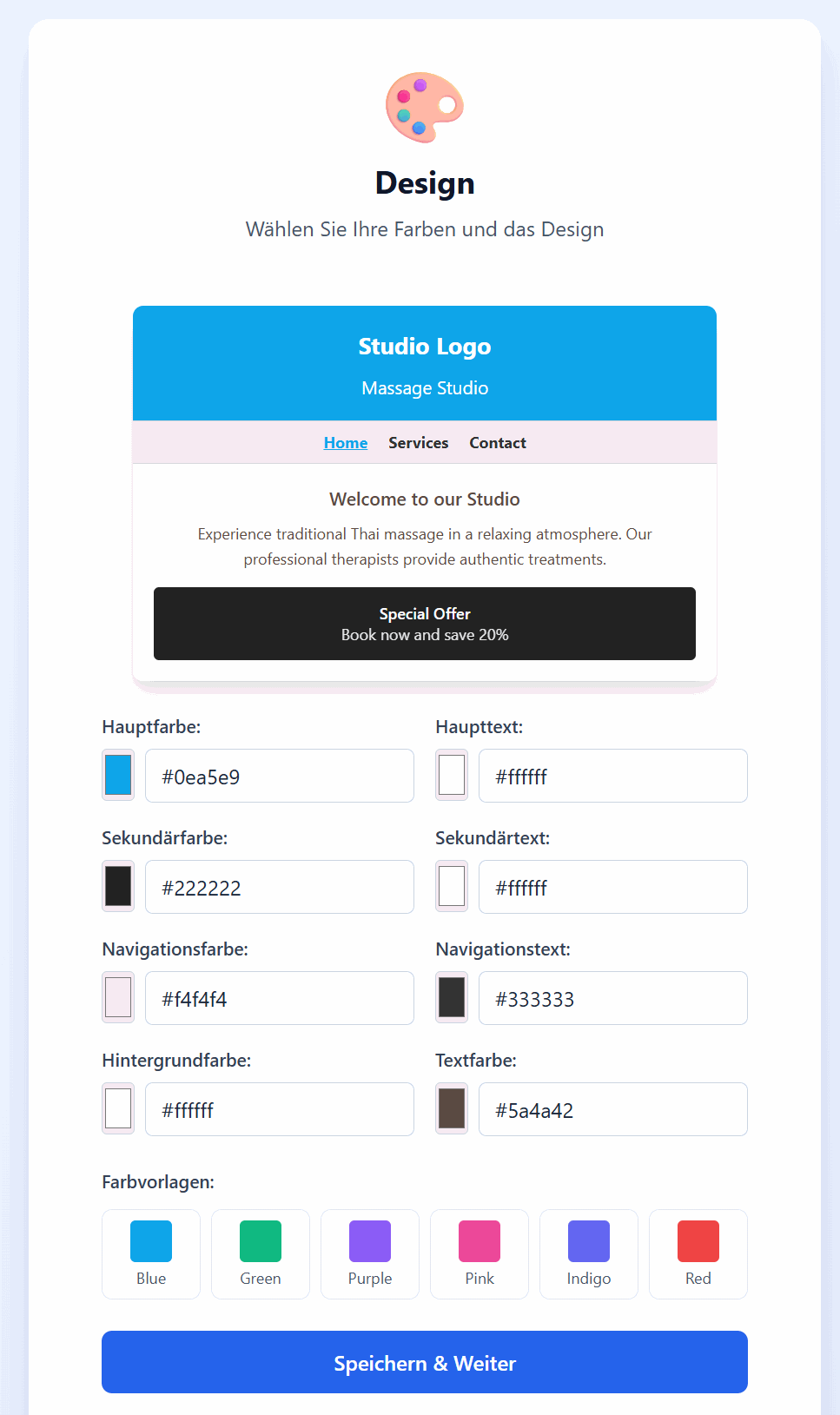 Anpassung von Design, Inhalten und Studio-Einstellungen
