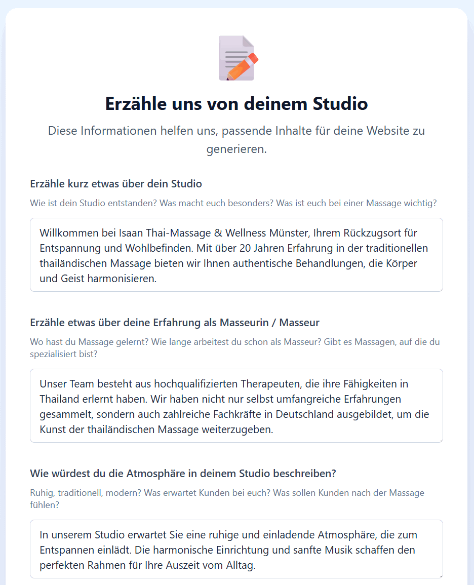 Eingabe von Studio-Philosophie und Besonderheiten zur automatischen Inhaltserstellung