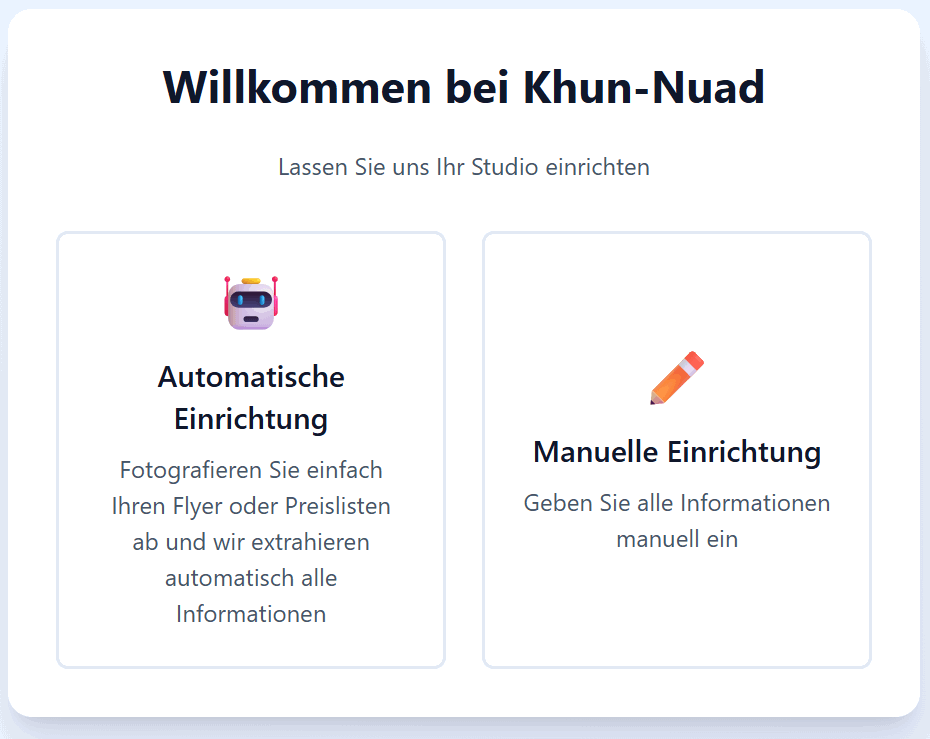 Studio-Onboarding mit Auswahl zwischen automatischer und manueller Einrichtung
